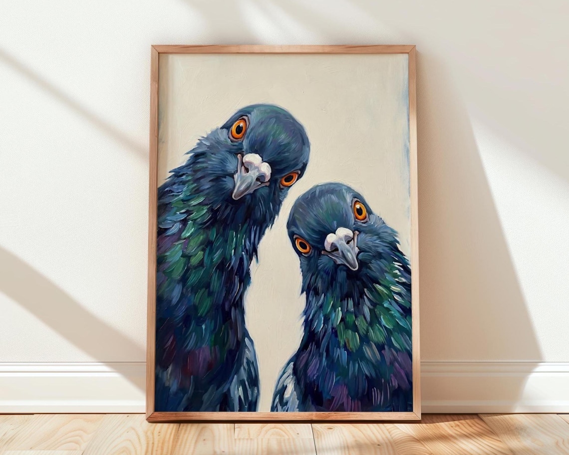Two Curious Pigeons Close Up Oil Painting Funny Bird Wall Art