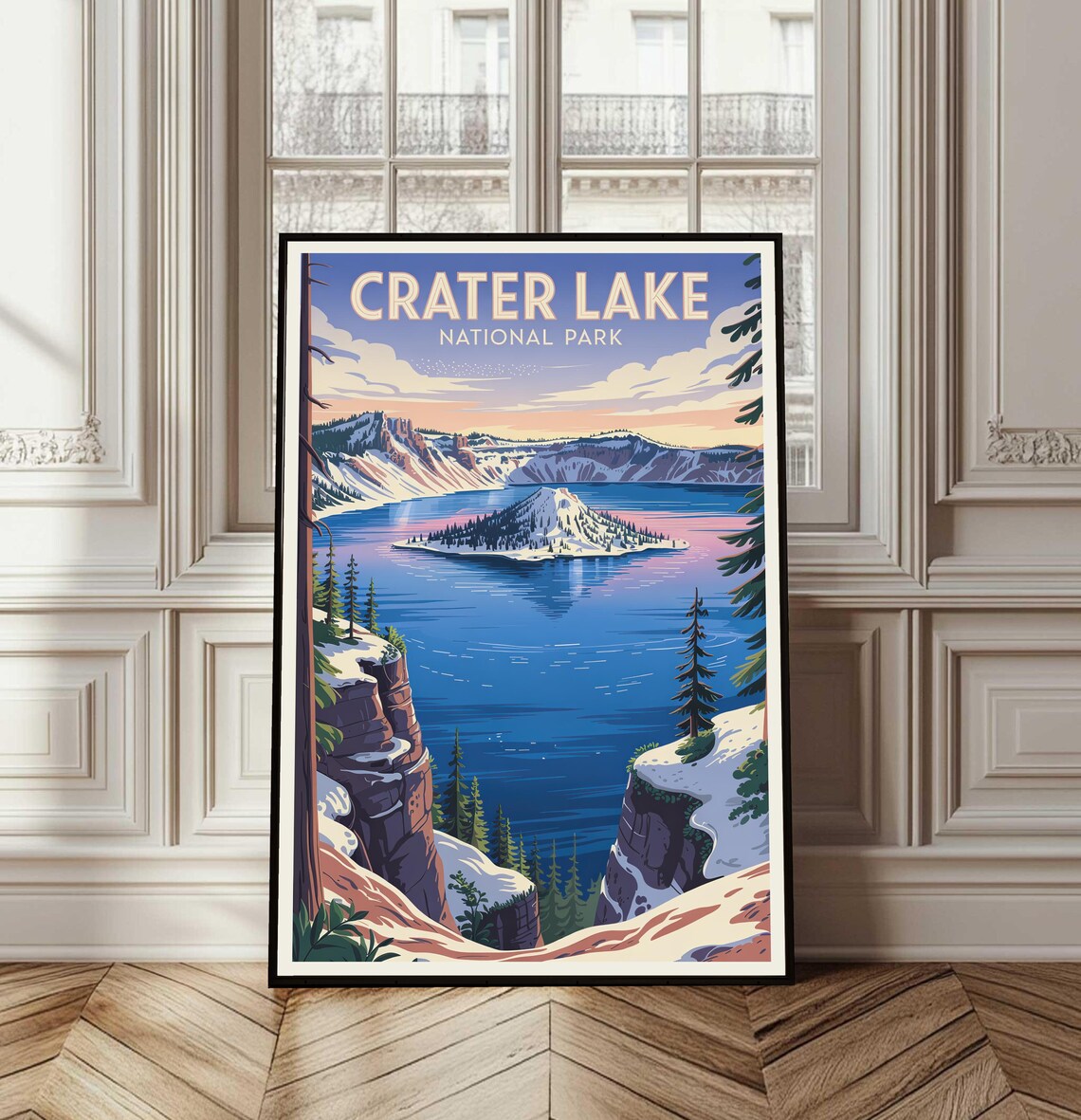 Crater Lake National Park Vintage Travel Poster Blue Lake Art