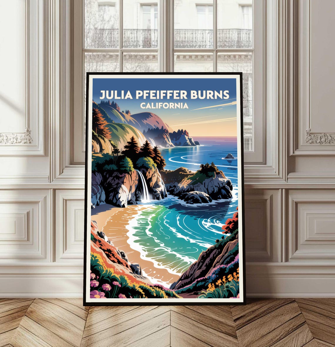 Julia Pfeiffer Burns California Retro Travel Poster Coast Waterfall
