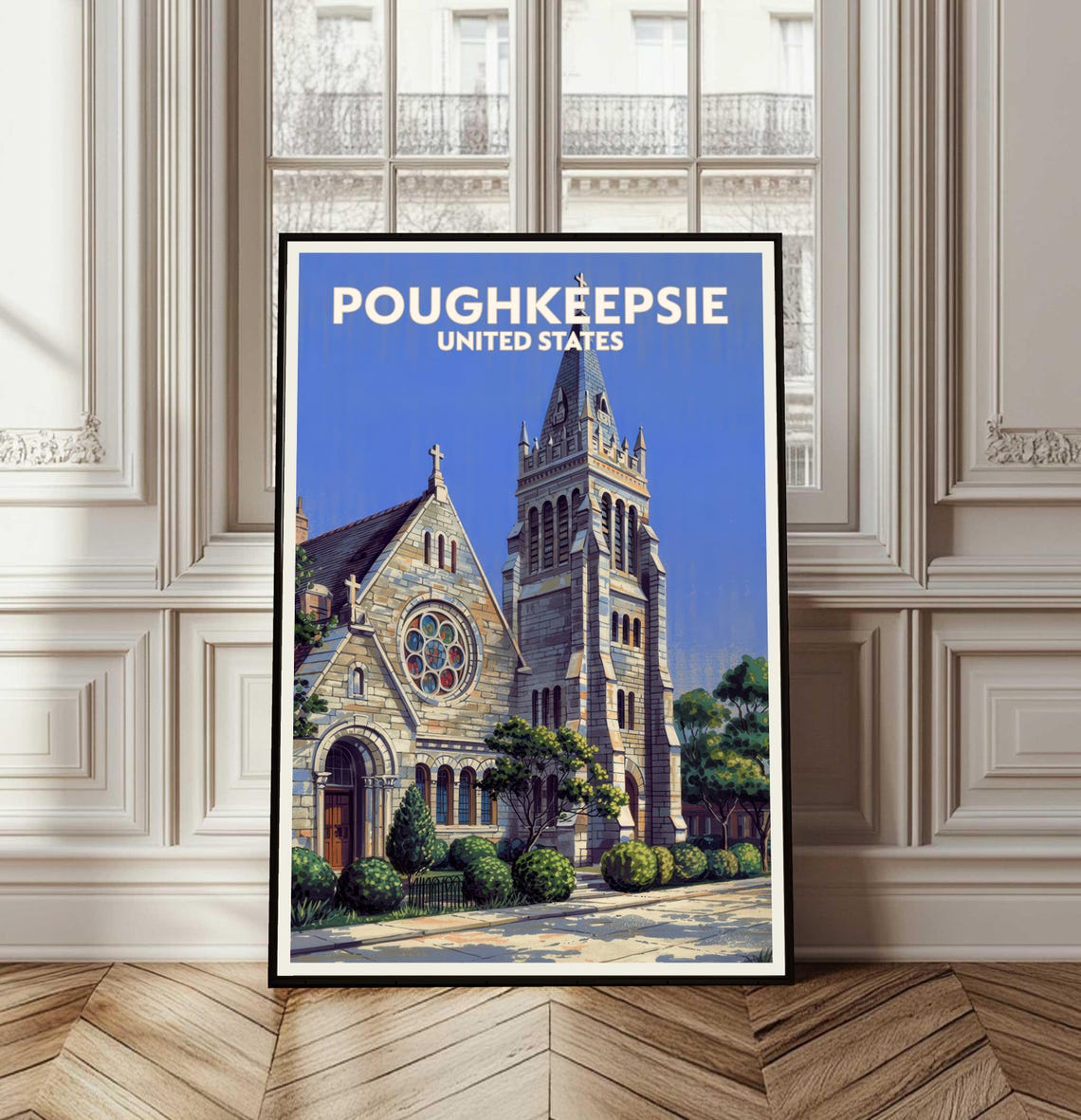 Poughkeepsie Stone Church With Rose Window Vintage Travel Poster