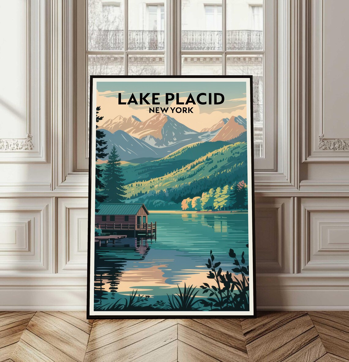 Lake Placid New York Lakeside Cabin Mountain Vintage Travel Poster