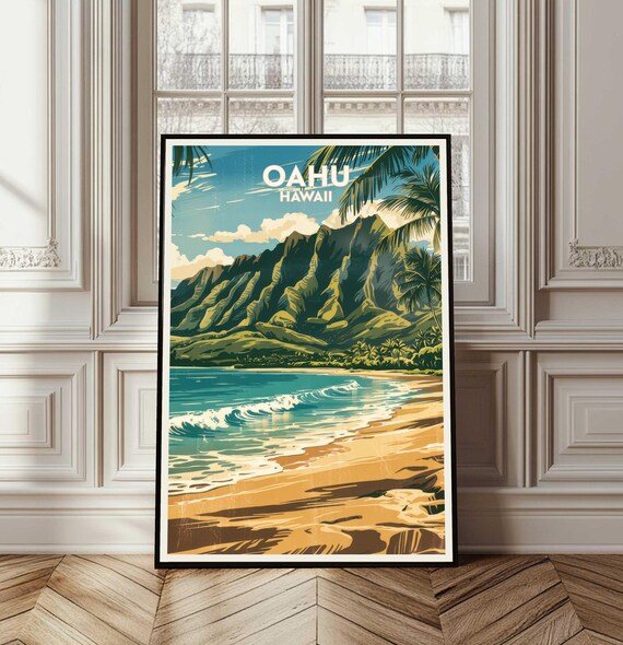 Oahu Hawaii Golden Sandy Beach and Lush Green Mountain Travel Poster