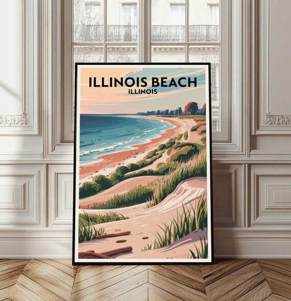Illinois Beach Dunes Shoreline Vintage Style Travel Poster Art