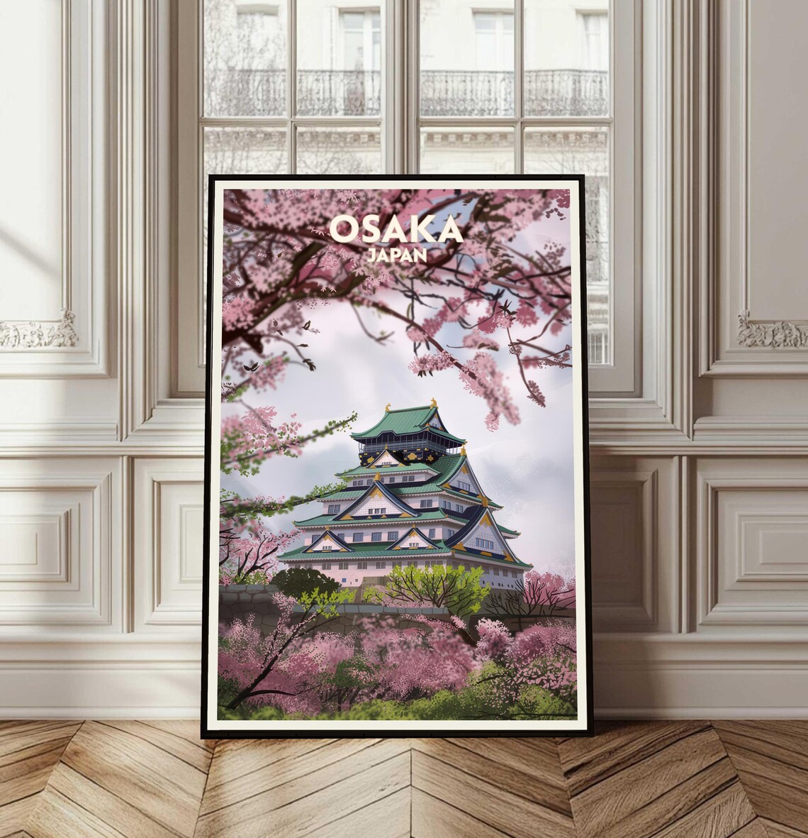 Osaka Japan Castle Cherry Blossoms Spring Vintage Travel Poster
