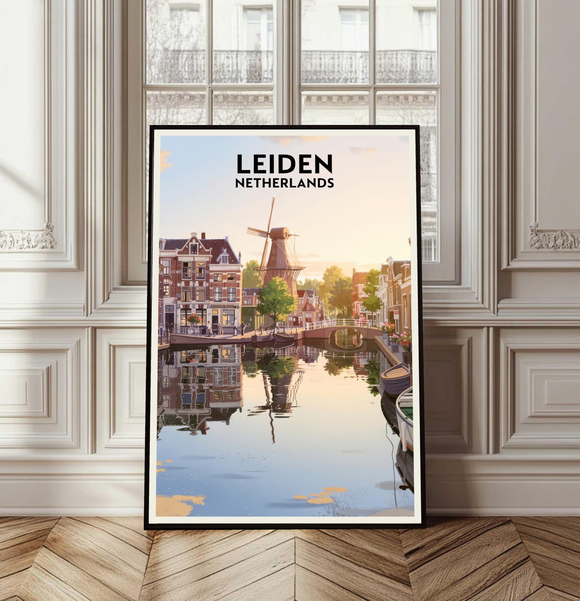 Leiden Netherlands Windmill Canal Vintage Travel Poster Reflection