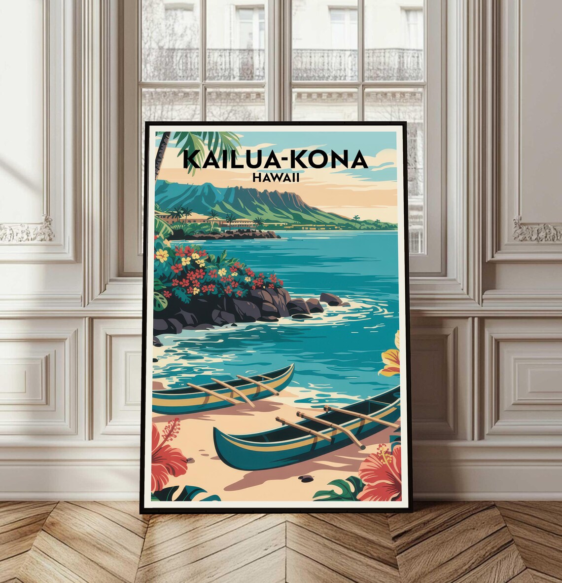 Kailua Kona Hawaii Outrigger Canoe Beach Vintage Travel Poster