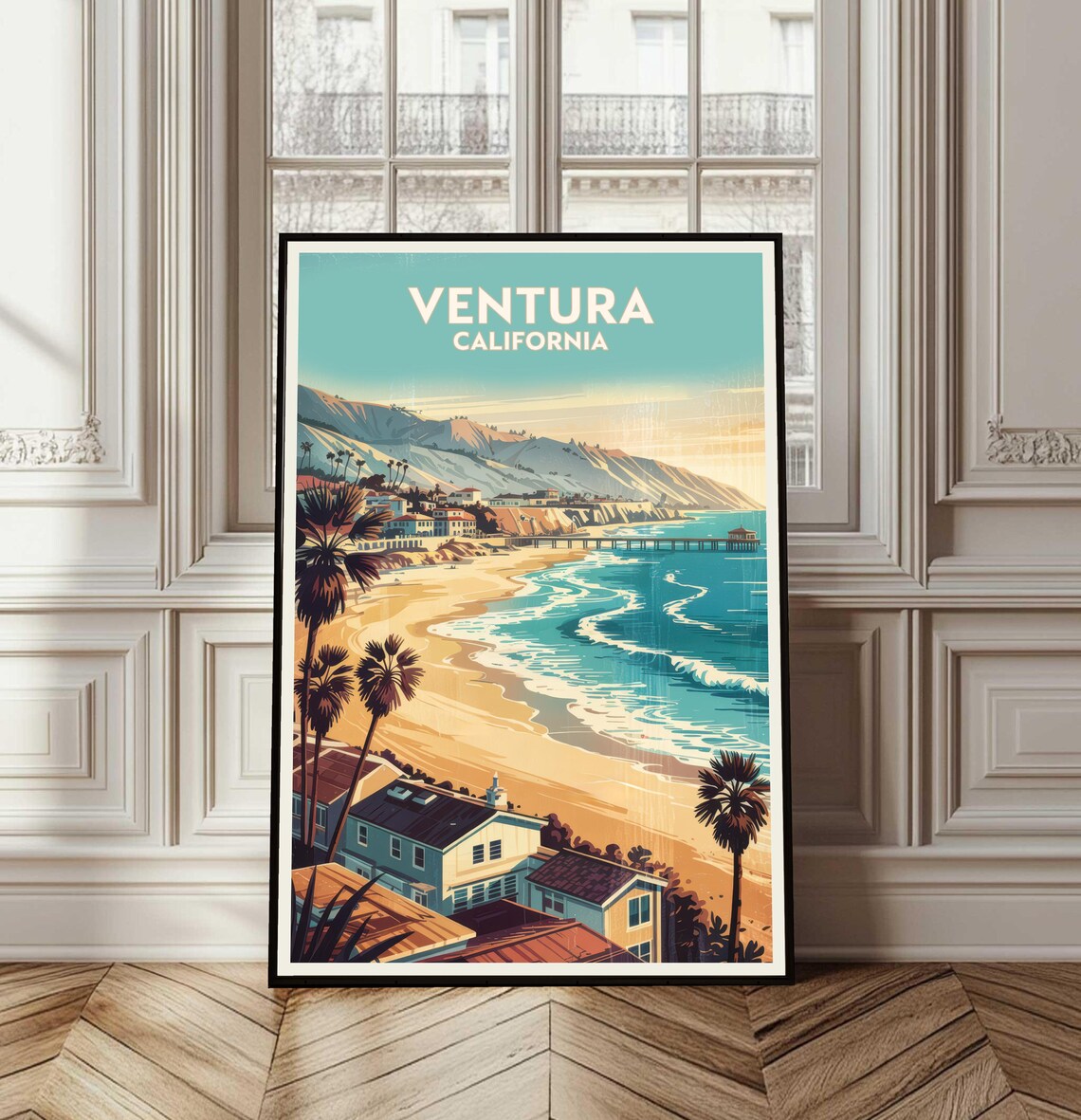 Ventura California Vintage Travel Poster Beach Pier Palm Trees Art