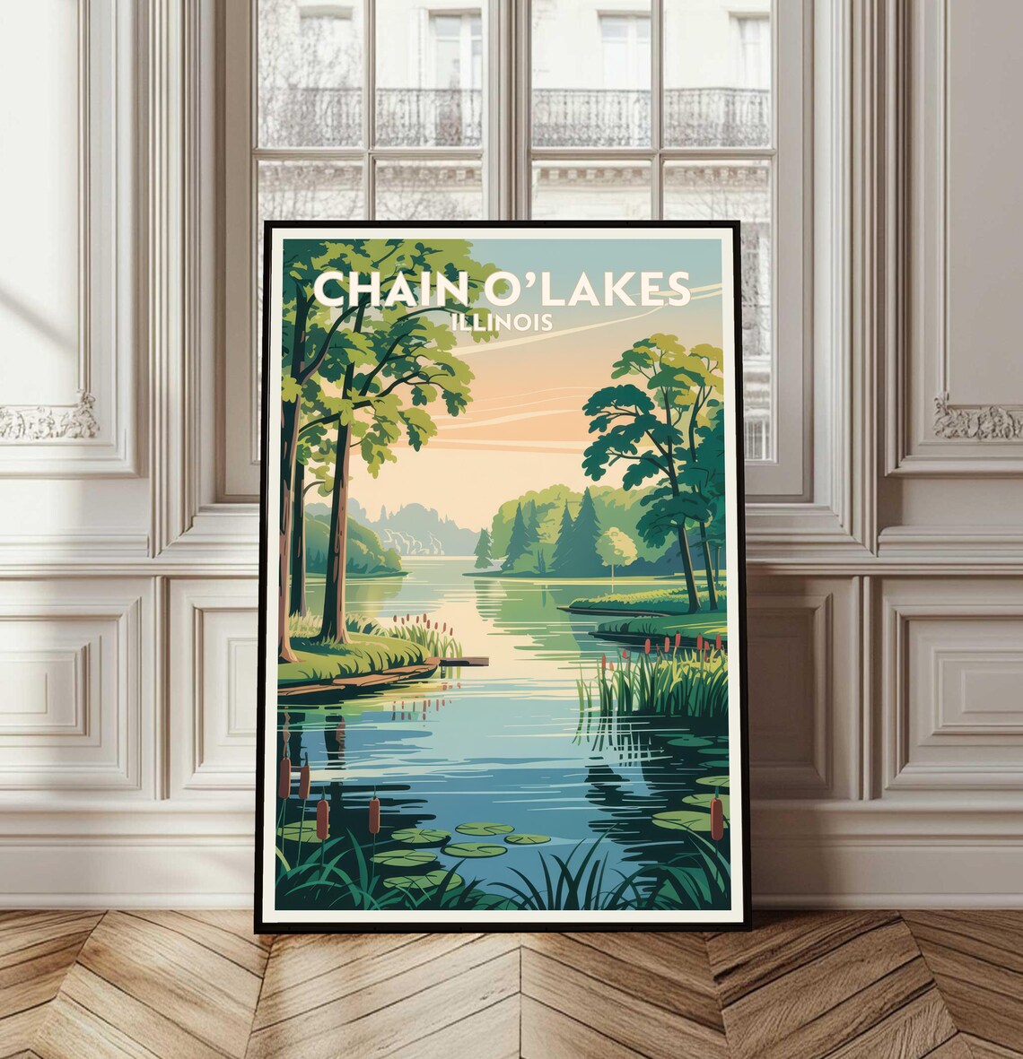 Chain O'Lakes Illinois Serene Lake Shore Vintage Travel Art Poster