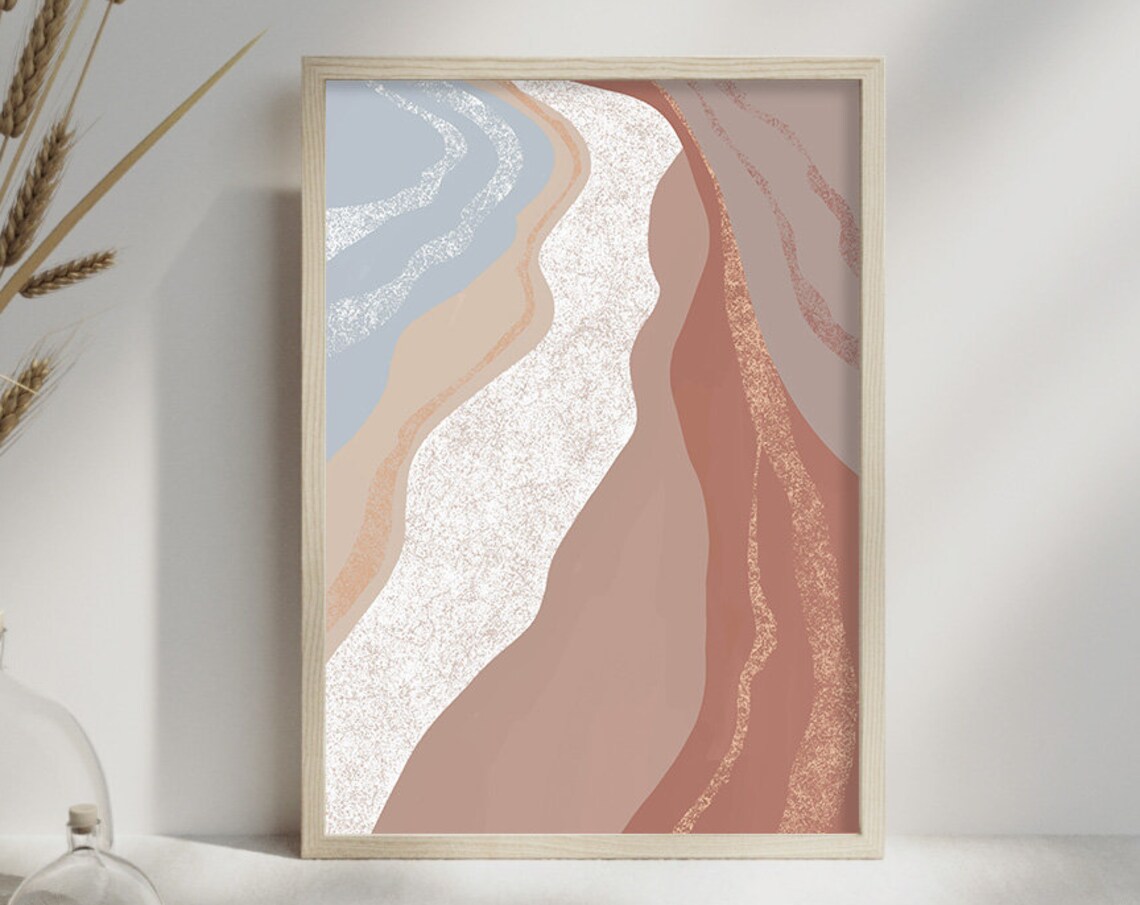 Blue Beige Terracotta Flowing Waves Abstract Gold Line Wall Poster - Image 3