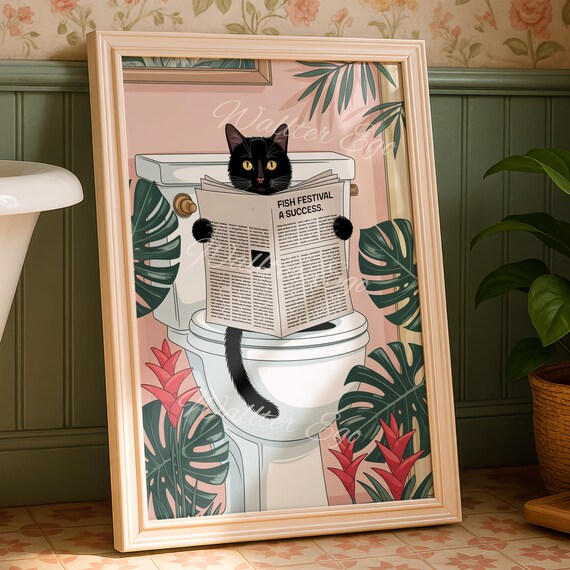 Black Cat on Toilet Reading Newspaper Funny Tropical Bathroom Poster