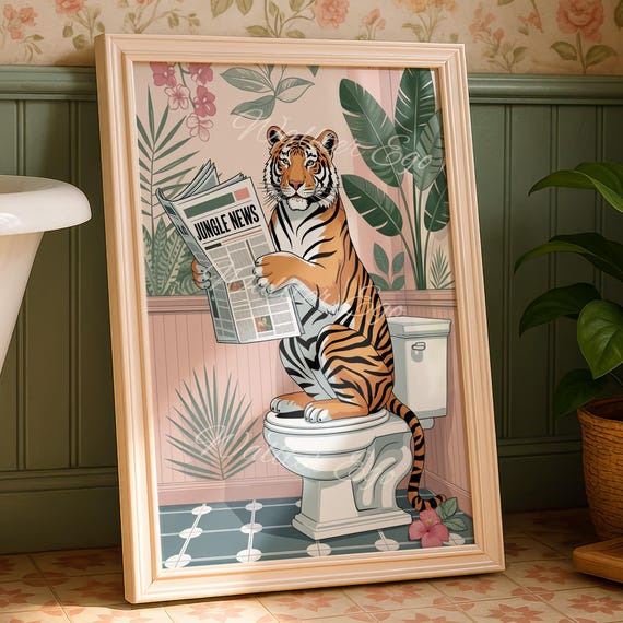 Tiger On The Toilet Bathroom Wall Print Funny Home Decor Trendy New Gifts