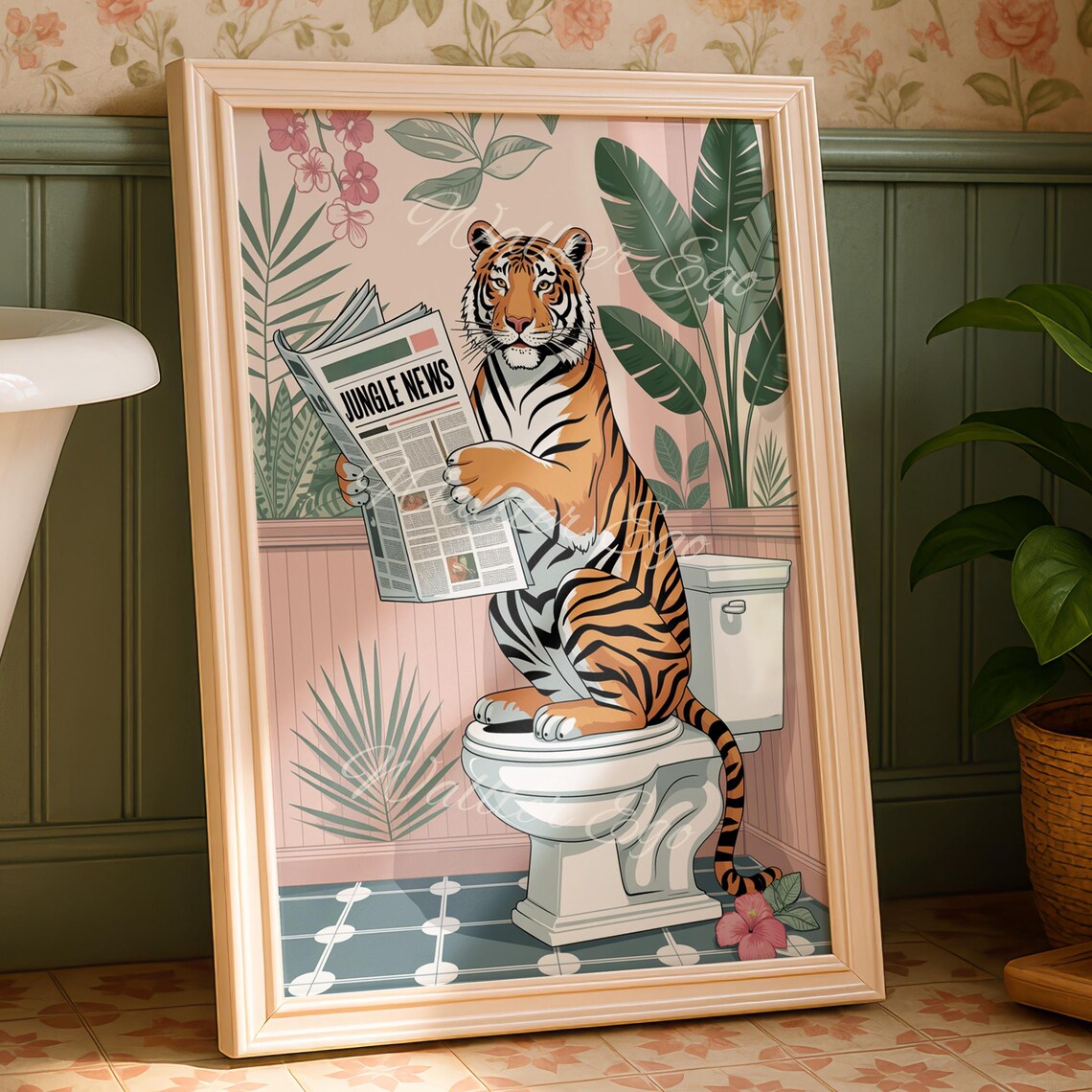 Tiger on Toilet Reading Jungle News Funny Tropical Bathroom Poster