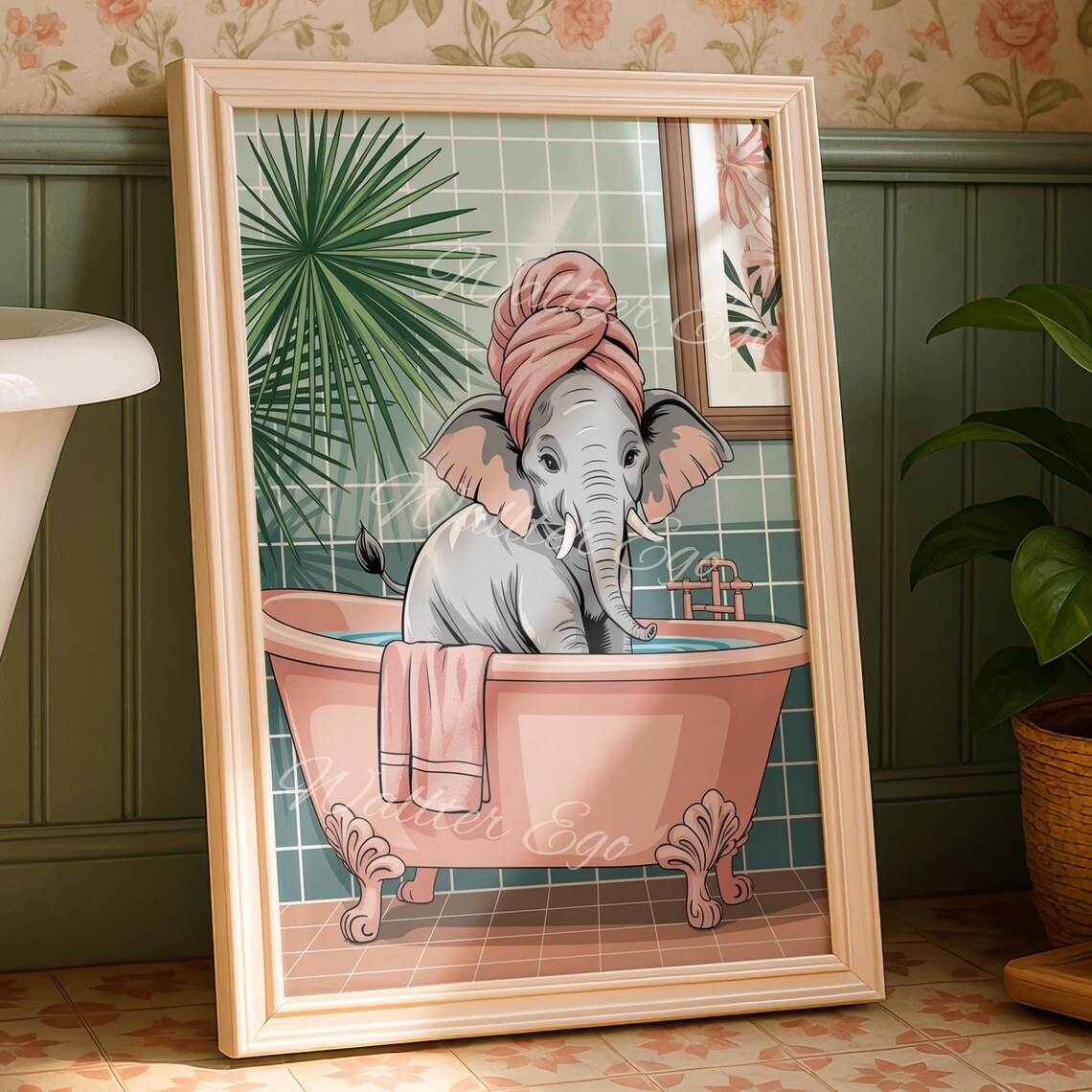 Elephant Taking A Bath Bathroom Wall Print Funny Home Decor Trendy New Gifts