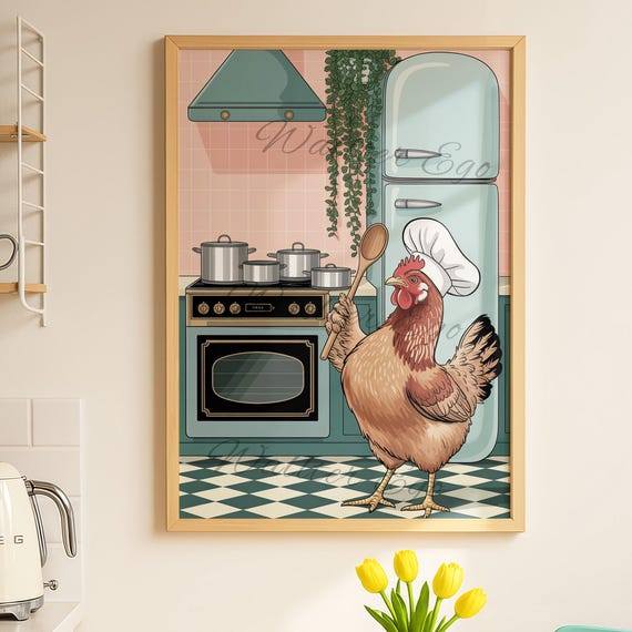 Chicken In The Kitchen Wall Print Funny Animal Home Decor Trendy New Gifts