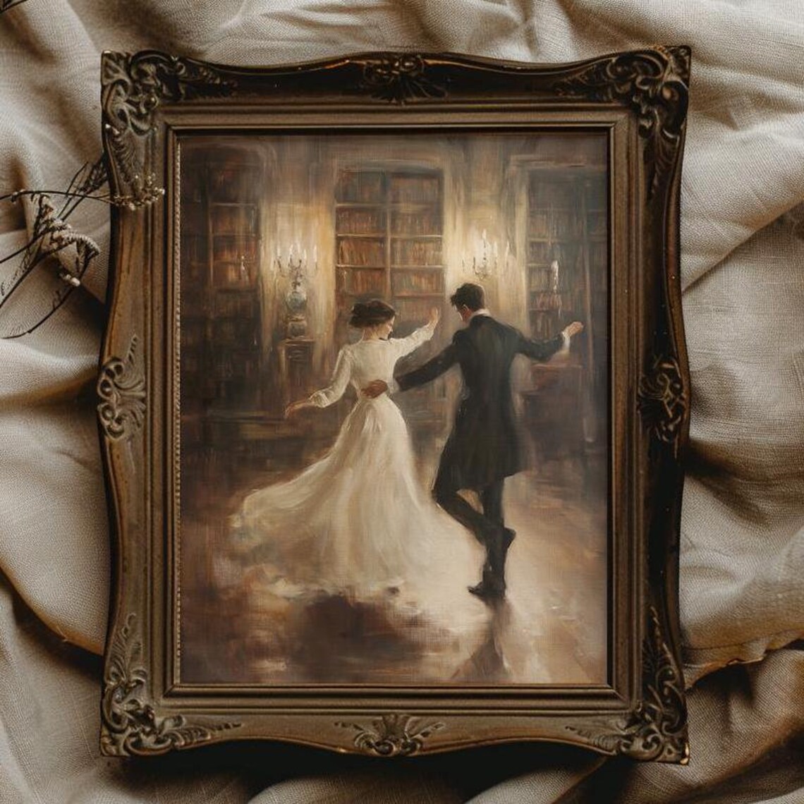 Romantic Couple Dancing In Library Candlelit Vintage Style Poster