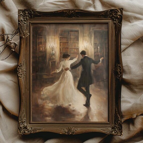 Romantic Couple Dancing In Library Candlelit Vintage Style Poster
