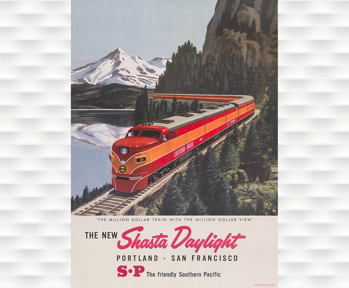 Shasta Daylight Southern Pacific Train Vintage Railroad Poster
