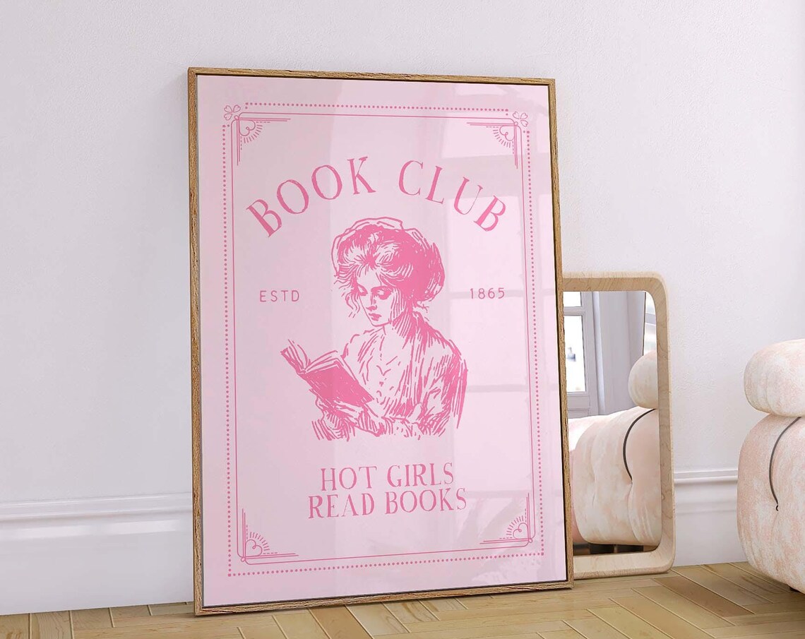Book Club Art Print Vintage Reading Poster Retro Book Club Print Trendy Dorm Room Decor Cute Quote Print Girly Wall Art Art Pink