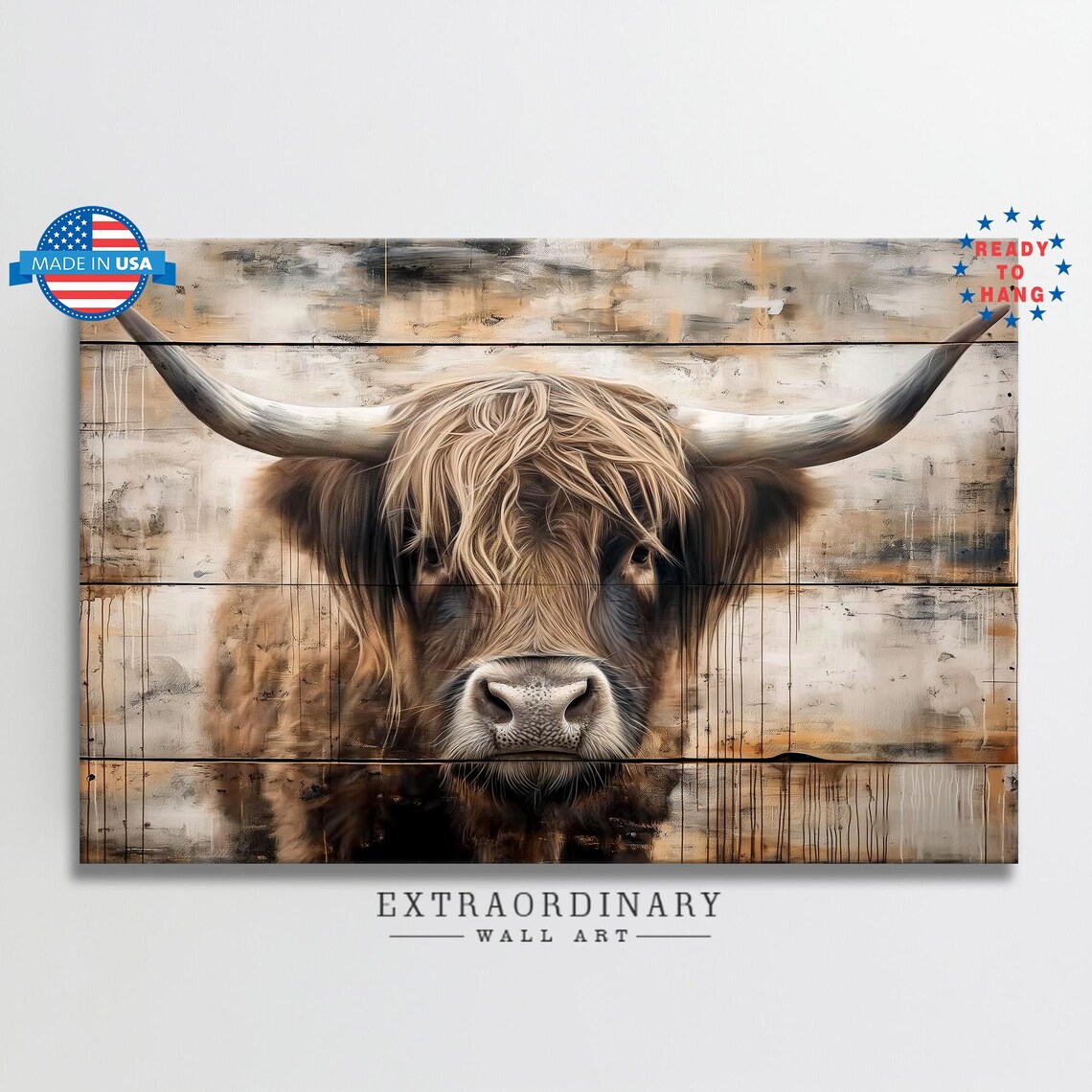 Highland Cow Portrait On Weathered Wood Planks Farmhouse Poster