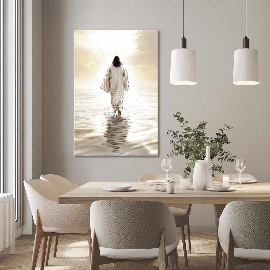 Jesus Walking On Calm Water Into Soft Heavenly White Light Poster - Image 3