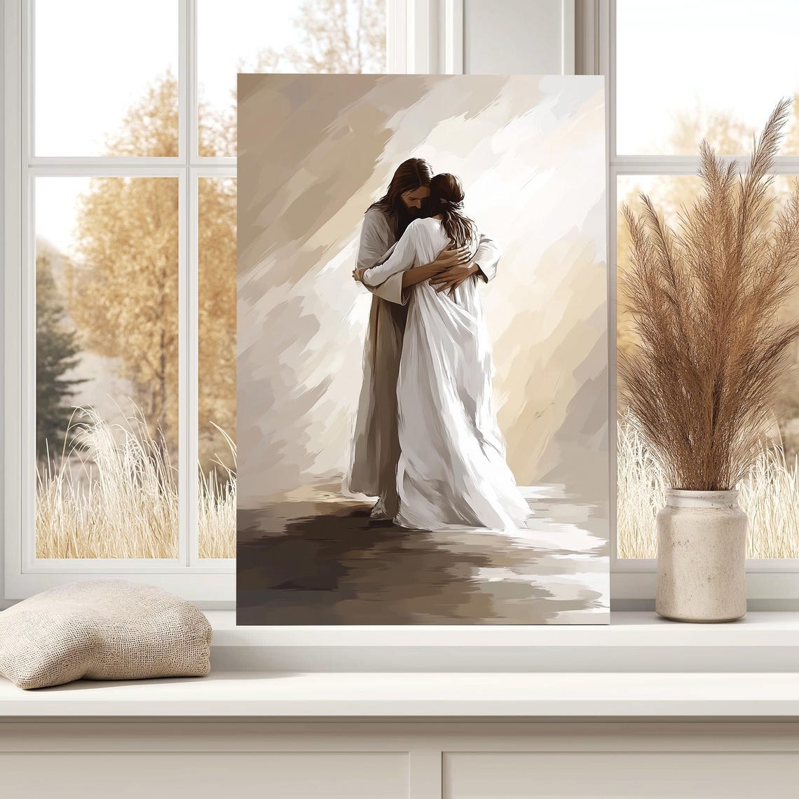 Jesus Embracing Woman In Soft Beige Watercolor Brushwork Poster - Image 4