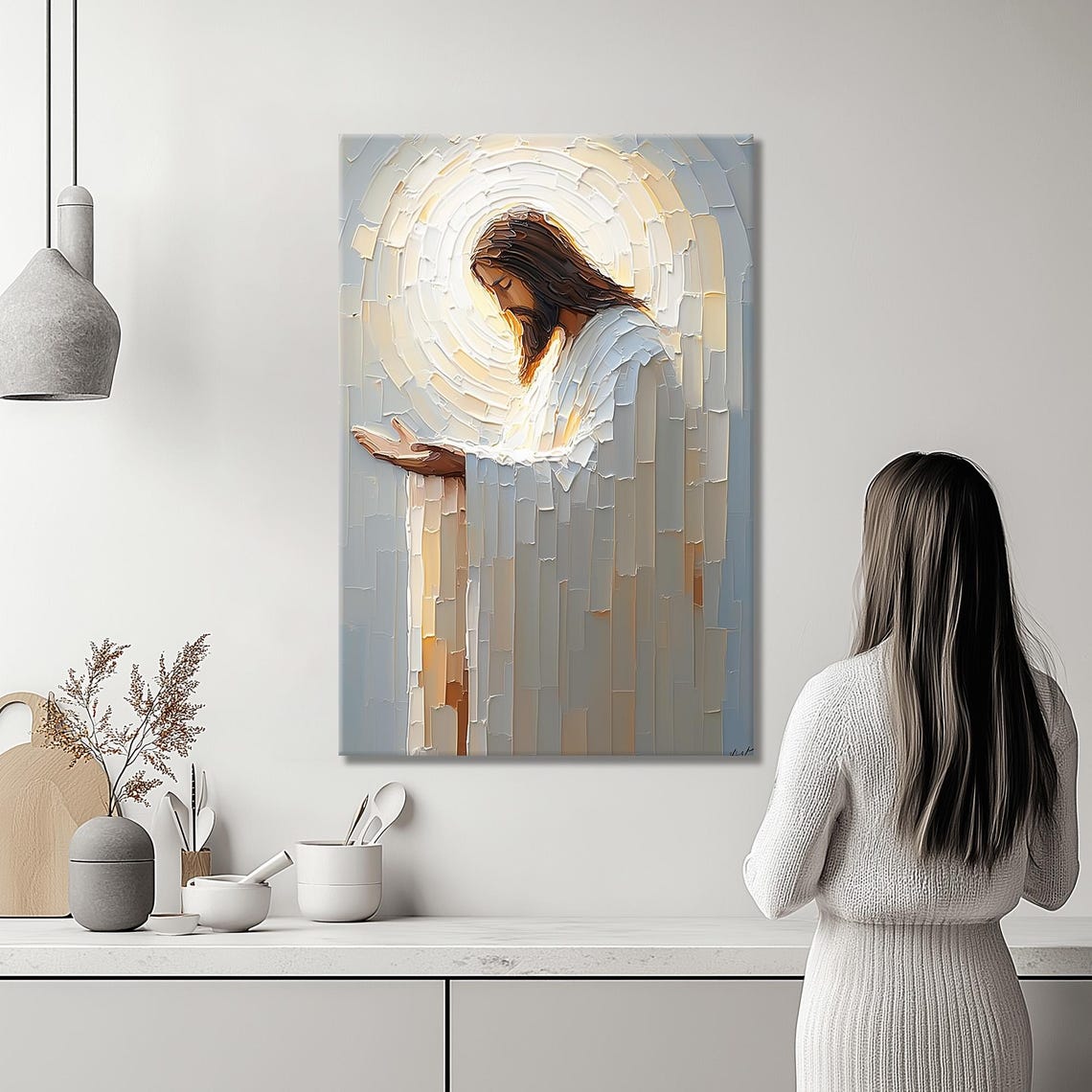 Abstract Praying Jesus Christ With Glowing Halo Impasto Poster - Image 2