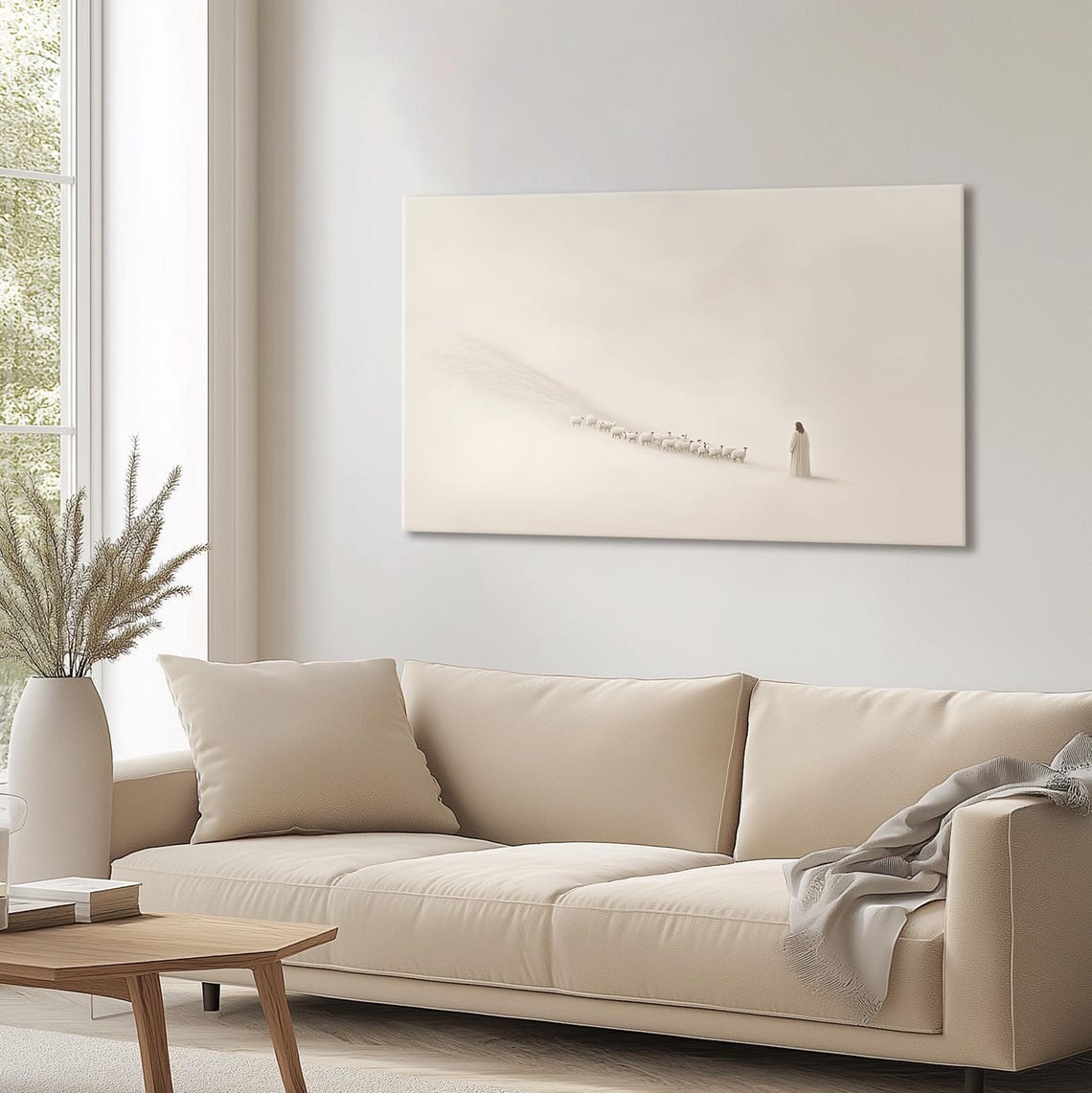 Good Shepherd Leading Tiny Flock Across White Expansive Field Poster - Image 3