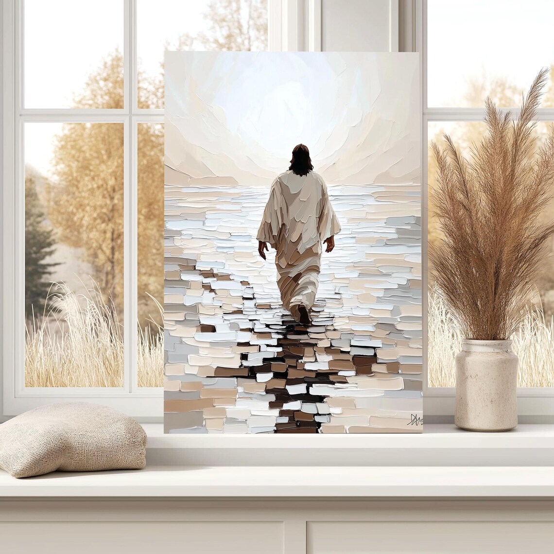Jesus Walking Away On Water Textured Earth Tone Mosaic Poster - Image 4