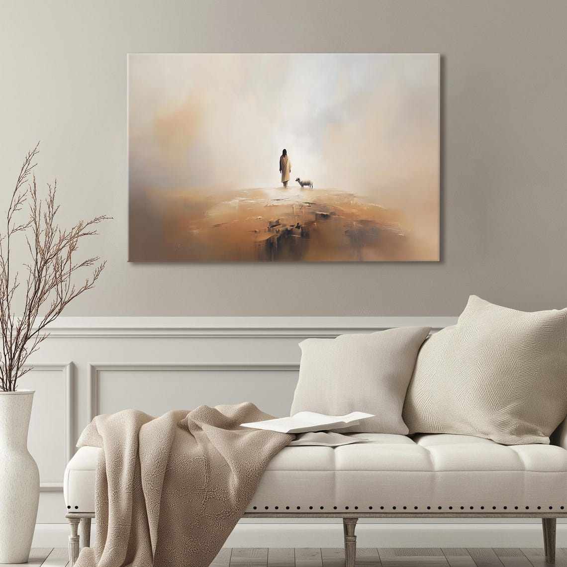 Shepherd And Lamb On Cliff Edge In Golden Fog Minimalist Poster - Image 4