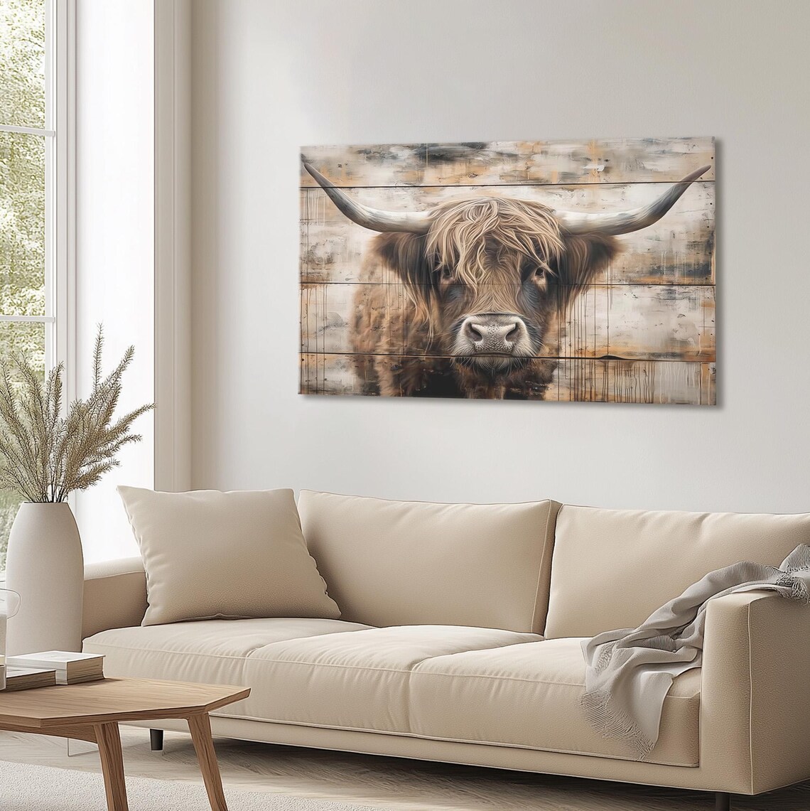 Highland Cow Portrait On Weathered Wood Planks Farmhouse Poster - Image 3