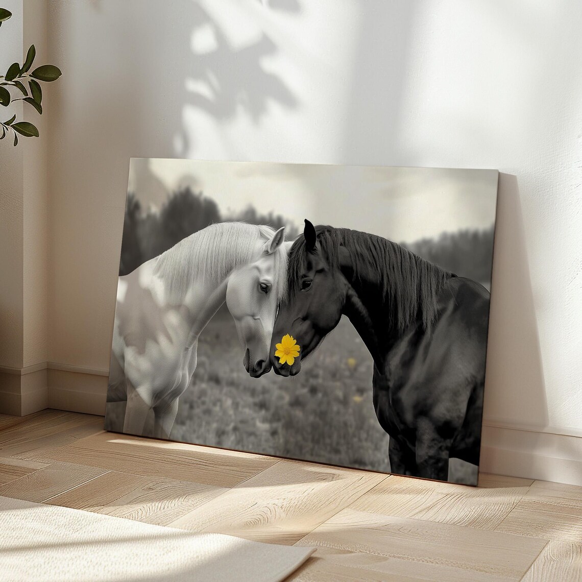 Black And White Horse Couple Nuzzling With Yellow Flower Accent Poster - Image 5