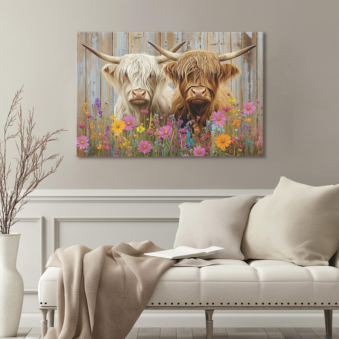 Two Highland Cows Among Colorful Wildflower Meadow Rustic Poster - Image 3