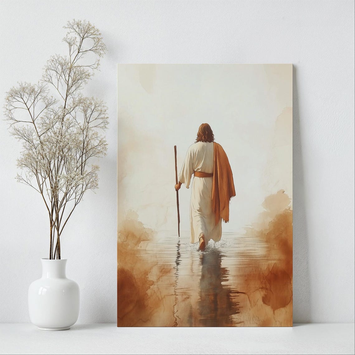 Jesus Walking On Water With Staff In Sepia Watercolor Poster - Image 6