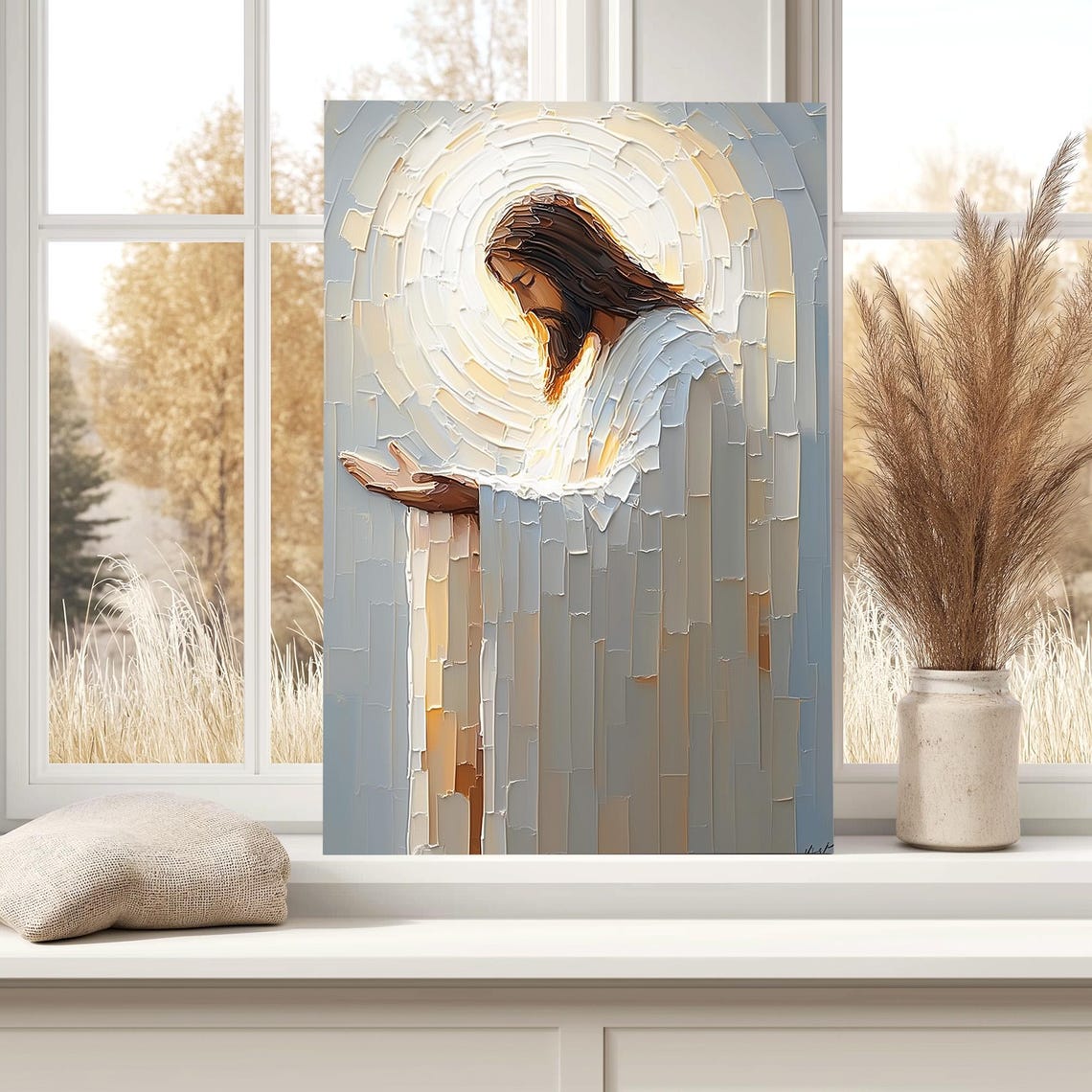 Abstract Praying Jesus Christ With Glowing Halo Impasto Poster - Image 4