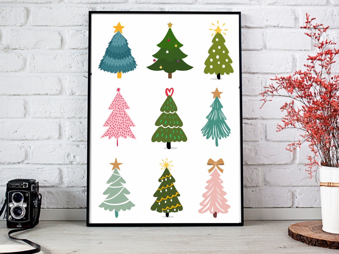 Nine Hand Drawn Colorful Christmas Trees Grid Holiday Art Poster