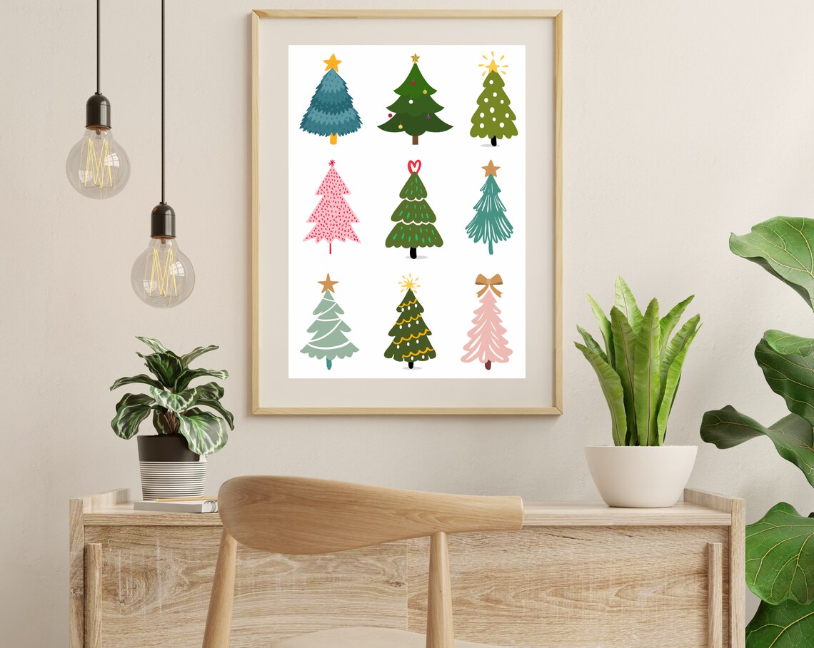 Nine Hand Drawn Colorful Christmas Trees Grid Holiday Art Poster - Image 4