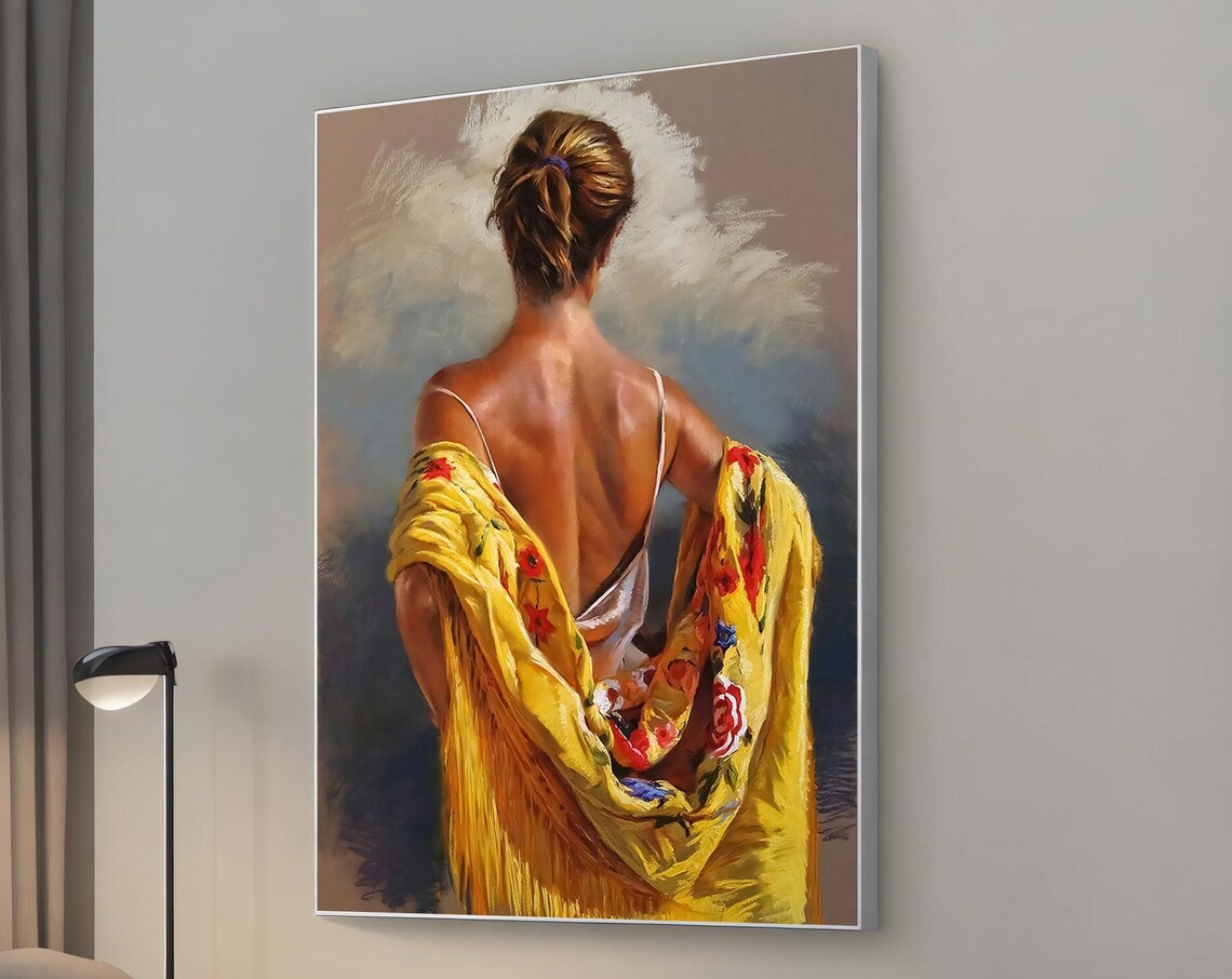 Woman From Behind In Yellow Floral Fringed Shawl Oil Art Poster