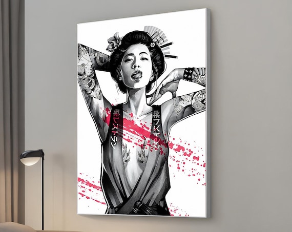 Tattooed Geisha Woman Black White Pink Splash Japanese Art Poster