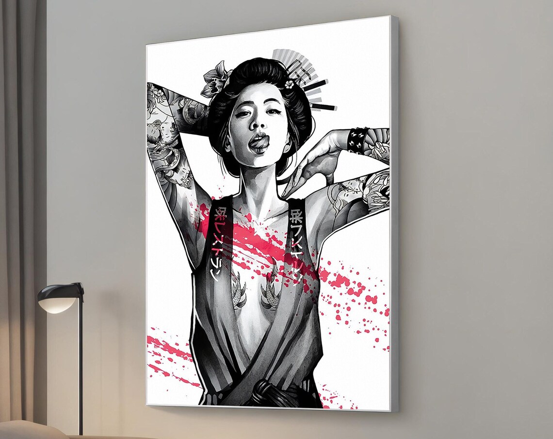 Tattooed Geisha Woman Black White Pink Splash Japanese Art Poster
