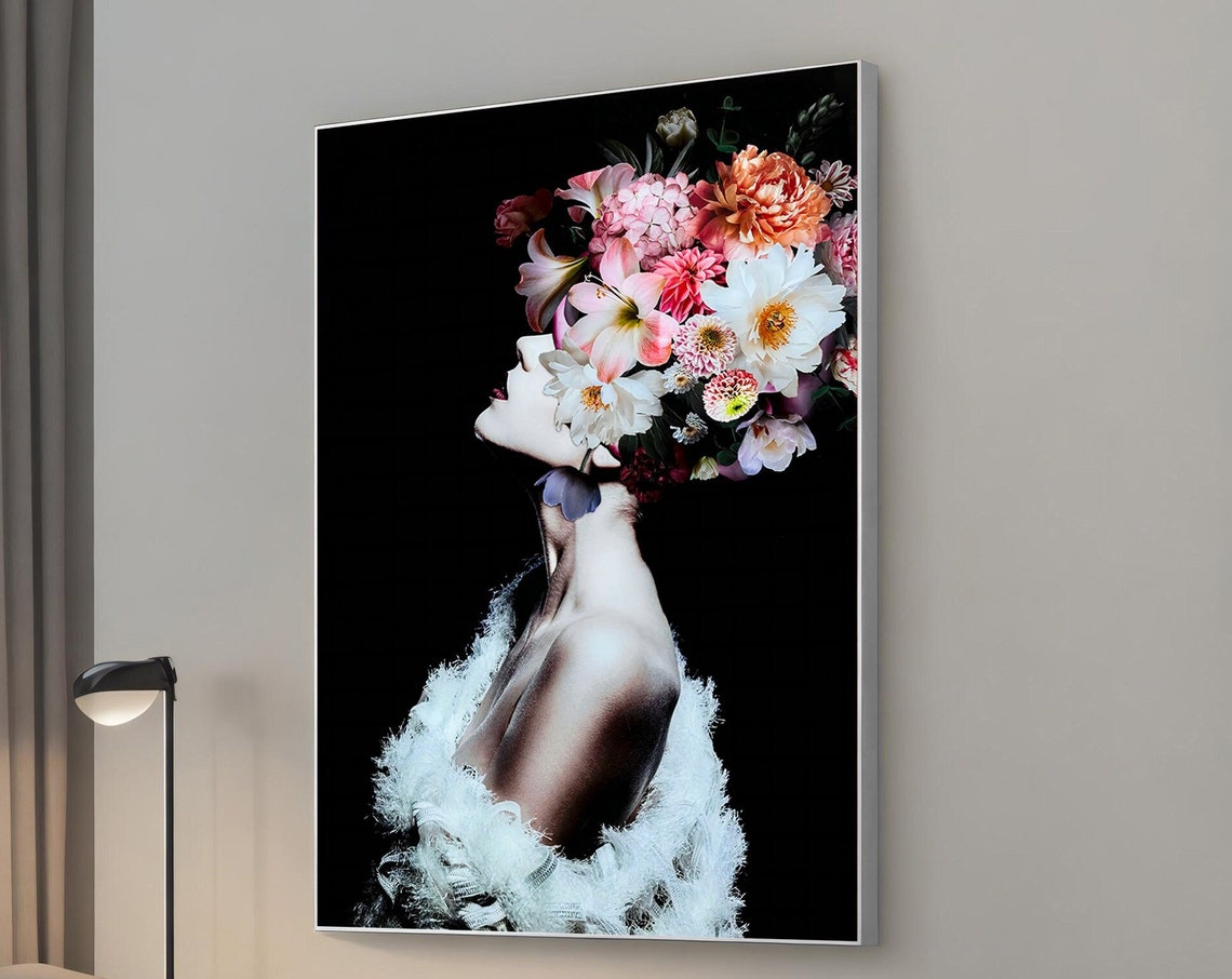 Woman With Blooming Flower Head Dark Background Dramatic Poster