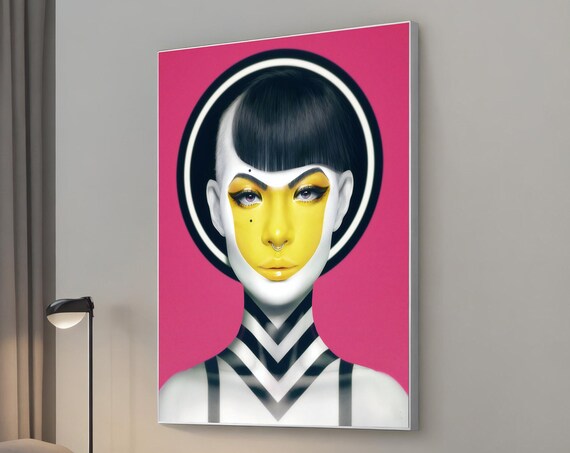 Geisha Inspired Portrait Yellow Face Mask Pink Pop Art Fashion Poster