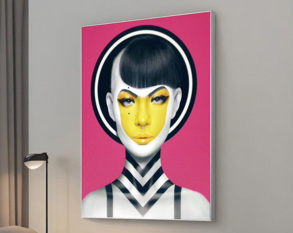 Geisha Inspired Portrait Yellow Face Mask Pink Pop Art Fashion Poster