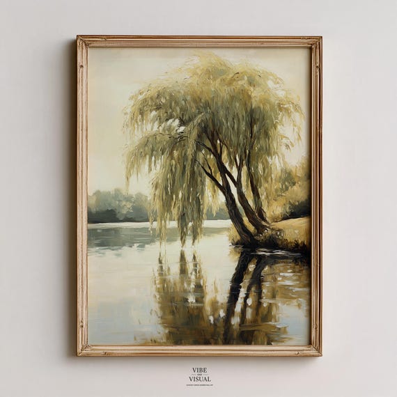 Rustic Willow Tree Over Calm River Vintage Landscape Art Serene Nature Scene Earthy Wall Decor 178