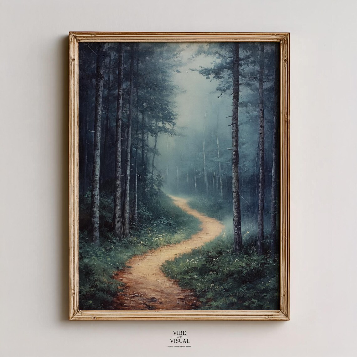 Misty Foggy Forest Path Moody Woodland Landscape Painting Wall Art