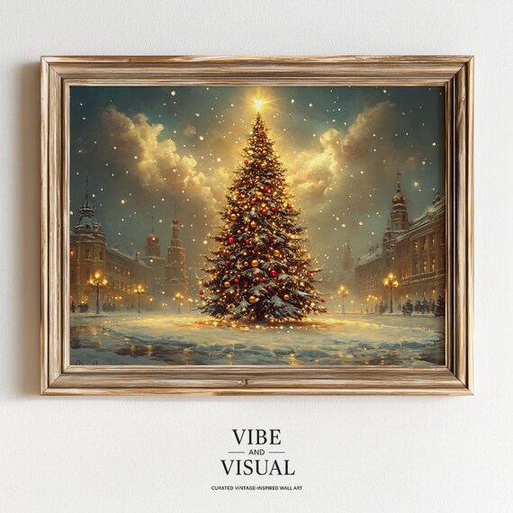 Glowing Christmas Tree Snowy Town Square Vintage Holiday Oil Art Poster