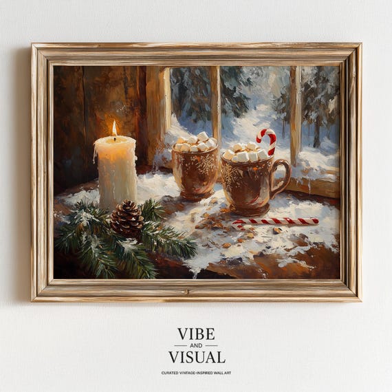 Cozy Winter Still Life Rustic Holiday Decor Warm Mugs With Cookies Festive Candle Snowy Window Scene 106