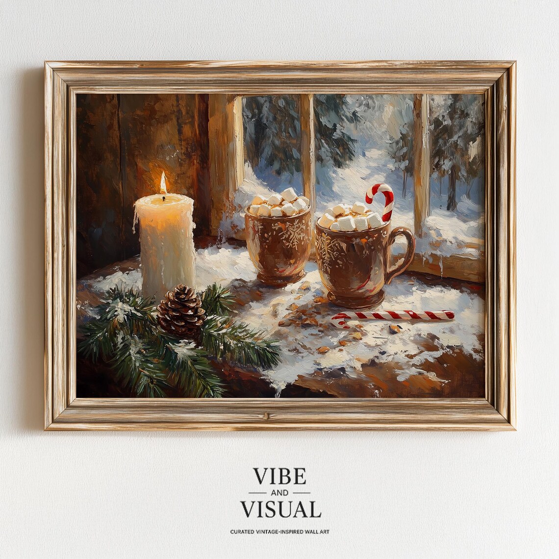 Two Cocoa Mugs Marshmallows Candle On Snowy Windowsill Winter Art Poster