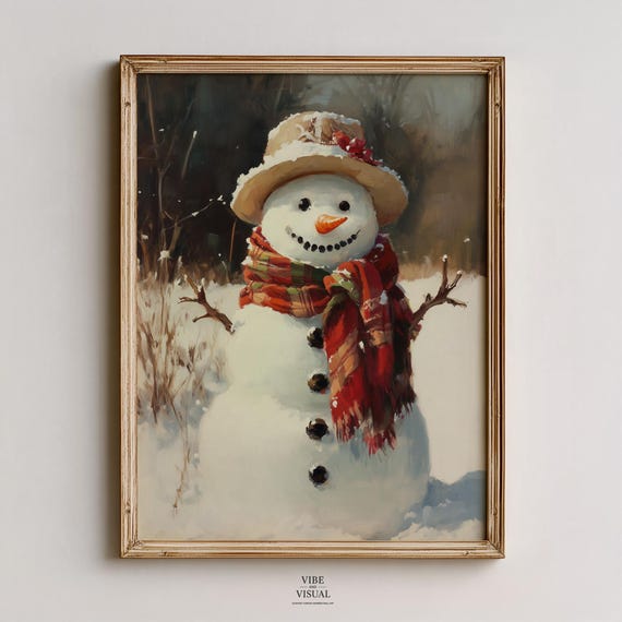 Festive Winter Snowman Cheerful Holiday Wall Art Classic Illustration Rustic Family Decor Vintage Print 246