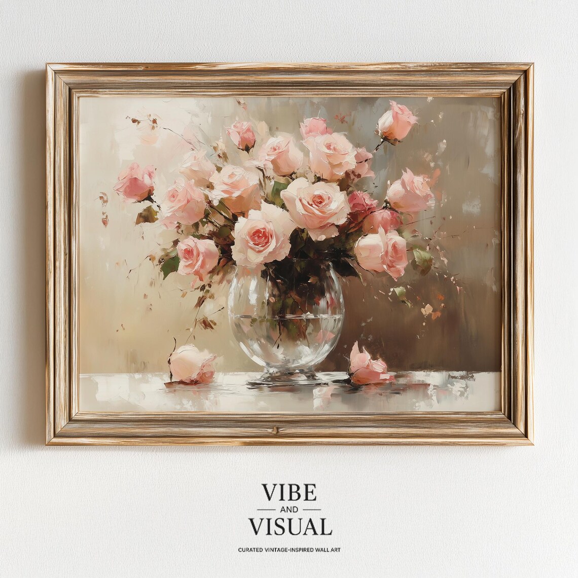 Vintage Pink Roses In Glass Vase Romantic Floral Still Wall Art