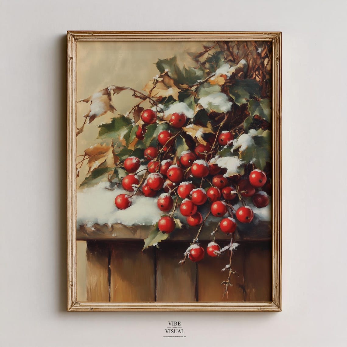 Snow Dusted Red Winter Berries Rustic Still Life Painting Poster